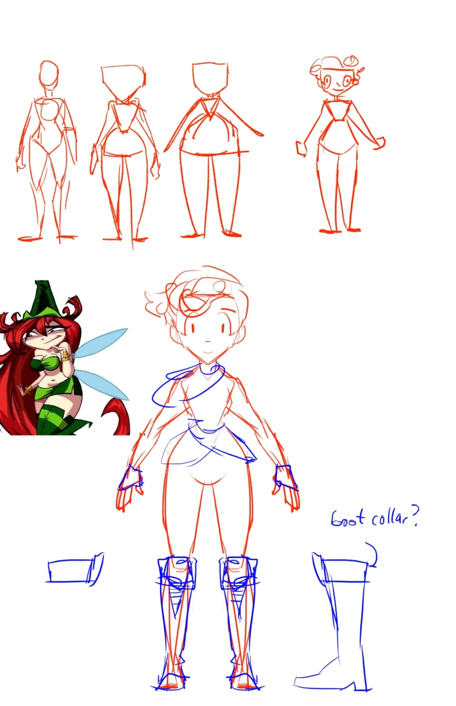 The first sketches of Jackie. Consisting of a few different body shapes, a picture of Betilla the fairy from Rayman Origins, and a very crude sketch of the character. It also has a side-profile of a knee-high boot with the question “Boot collar?” pointing to the top part, which is some sort of boot collar with a knee pad.