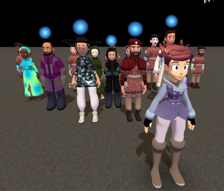 A lineup of characters. Front to back, left to right: The protagonist, Jackie. A girl in a hijab and wide-brimmed hat. An officer in a red beret and digital camo. A bald man in a snowsuit. A woman in a hijab and similar snowsuit. A tall man in a long, white coat and slacks. Four women of differing heights and skin colors in simple dresses and hijabs. Five soldiers in berets of different heights and skin colors.