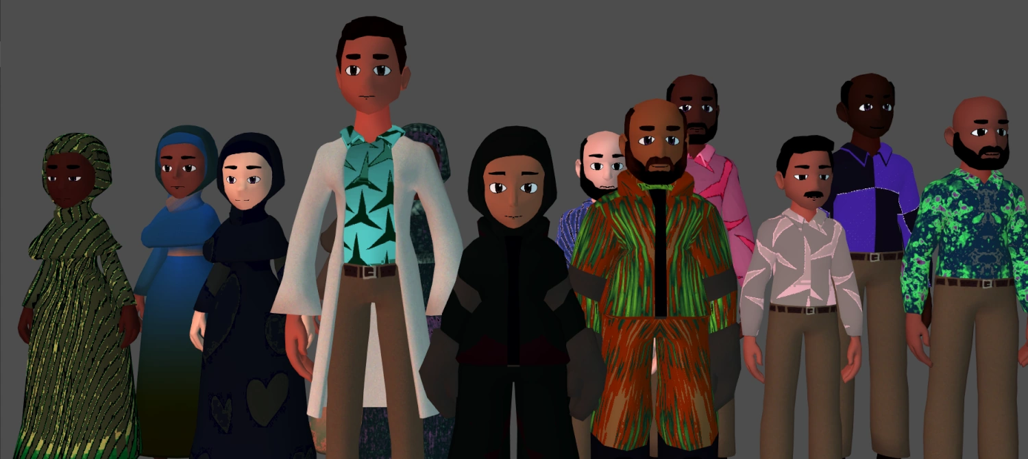 A host of NPCs. Women in hijabs, men in button-up shirts, and in the front: a tall man in a labcoat, a woman in a snowsuit, and a man in a snowsuit.