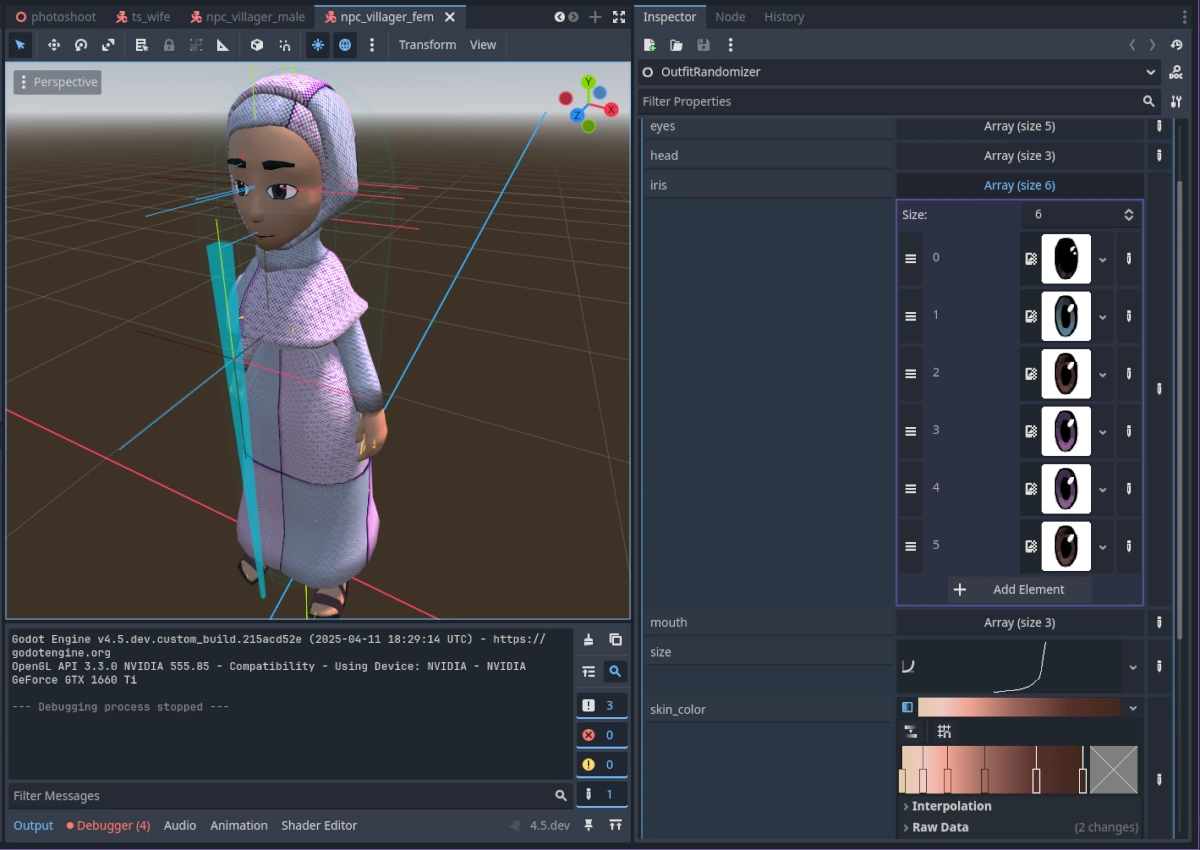 A woman in the editor, next to the properties of the randomizer. The properties expanded are the iris, showing a list of images of differently-colored eyes; size, showing a curve that's mostly toward the bottom of the graph; and skin_color, which ranges from pale to very dark skin tones.