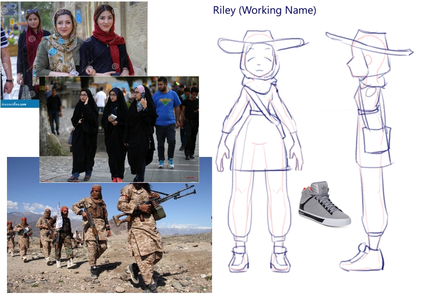 A sketch of Raziah, showing references to Iranian women wearing a mix of modern and traditional clothing, and Taliban soldiers wearing sneakers.