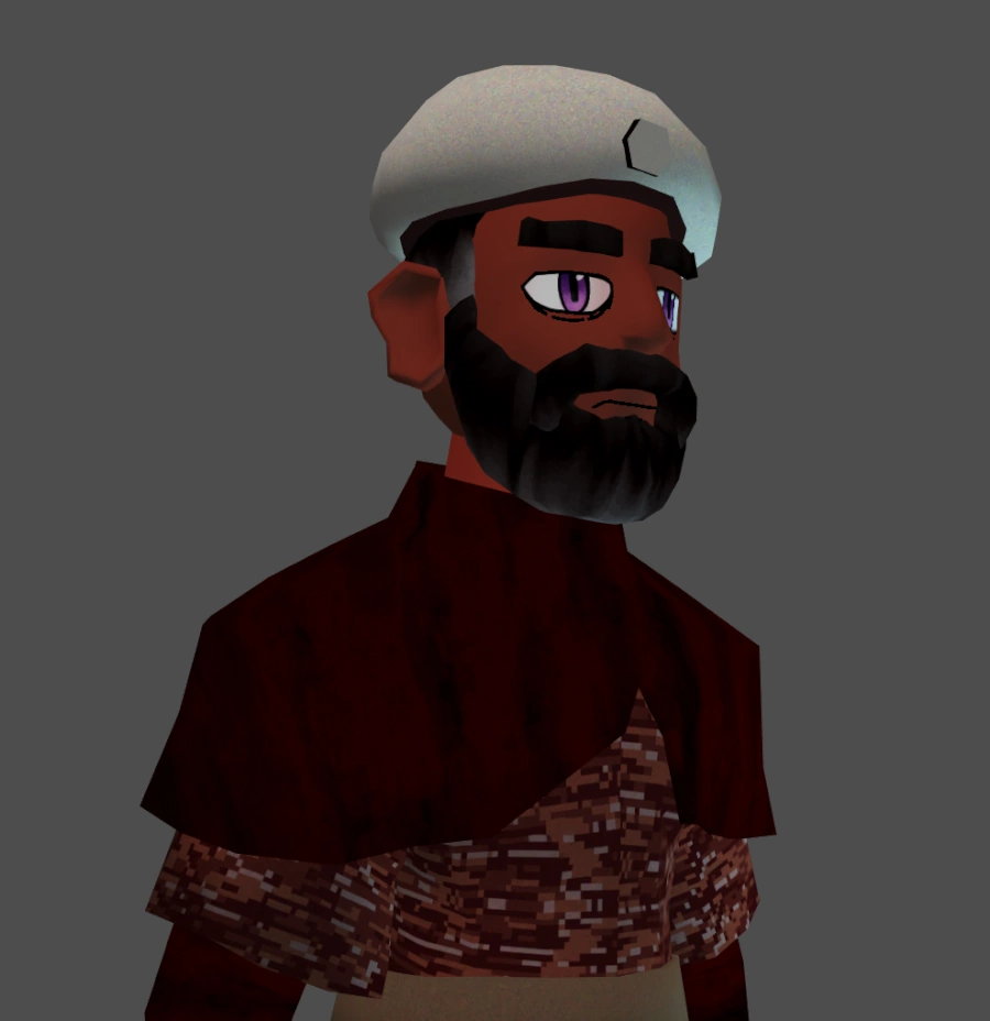 A three-quarters view of a man in a beret with a big beard.