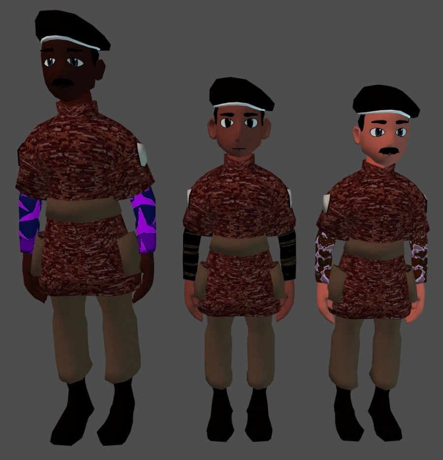 Three soldiers with random skin tones, facial features, heights, and sleeve fabrics.